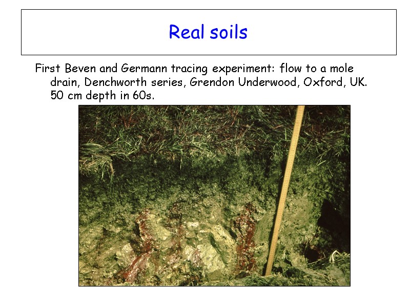 Real soils First Beven and Germann tracing experiment: flow to a mole drain, Denchworth